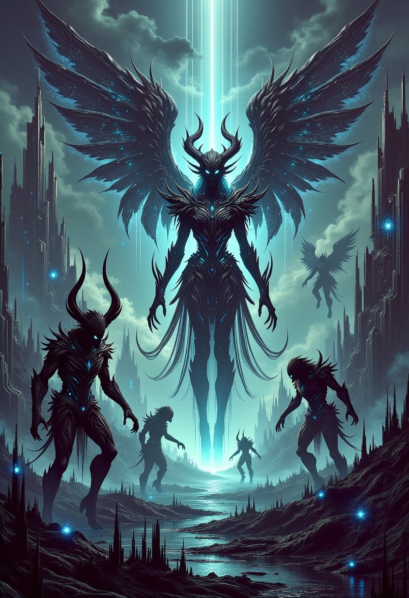 Future CFH f@nt@sy, 
dark fantasy art, post-apocalyptic world, destroyed city background, beam of light in the sky, demonic monsters roaming