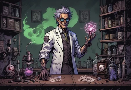 mad-mecharm, comicish artwork in dgst artstyle, Mad scientist, laboratory, (Manic laughter:1.7), crazy, Lightning, Experimenting, standing behind desk, (Purple:0.7), (green:0.7), (Glowing eyes:0.5), Whight hair,