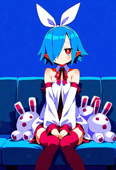 masterpiece, best quality, 1girl, solo, eyelashes, (beautiful eyes),   Pleinair, 1girl, solo, looking at viewer, blush, short hair, red eyes, dress, ribbon, bare shoulders, blue hair, hair ribbon, detached sleeves, pointy ears, hair over one eye, sitting on couch, surrounded by stuffed animals, stuffed rabbits, bunny theme, emotionless, blue theme,