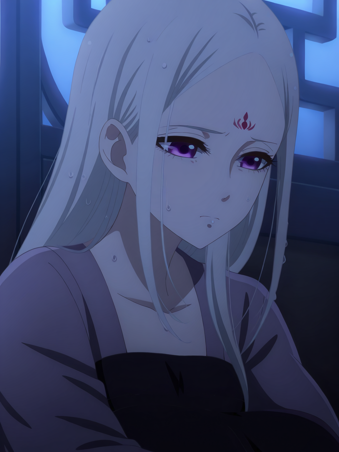 <lora:Ryuu_Jusetsu_v6:0.8>, ryuu jusetsu, 1girl, solo, purple eyes, forehead mark, white long hair, purple hanfu, long sleeves, sad, frown, narrow eyes, closed mouth, sitting, against door, hugging own legs, wet, facing down, looking ahead, portrait, indoors, dark, window, east asian architecture, night, moonlight