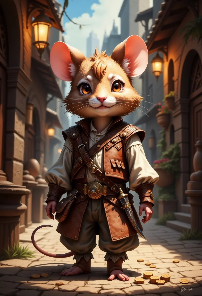 A detailed digital painting of an anthropomorphic mouse character in an anime style. The character has a humanoid body and the face of a clever mouse, with soft, velvety fur and a pair of prominent ears that twitch with life. Its inquisitive golden eyes, glinting with mischief, dominate the composition, drawing the viewer into the mouse’s cunning and adventurous persona. The mouse wears a patched leather jerkin over a simple linen shirt, complemented by a braided belt from which dangles a tiny dagger and a pouch of coins.
The background depicts a medieval cobblestone street illuminated by flickering lanterns, with shadows dancing across the walls of a bustling marketplace. A subtle trail of breadcrumbs lies at the mouse’s feet, hinting at a secretive plot. The painting blends warm, inviting tones with intricate details of fur, leather, and cloth, capturing the resourcefulness of this diminutive adventurer.
