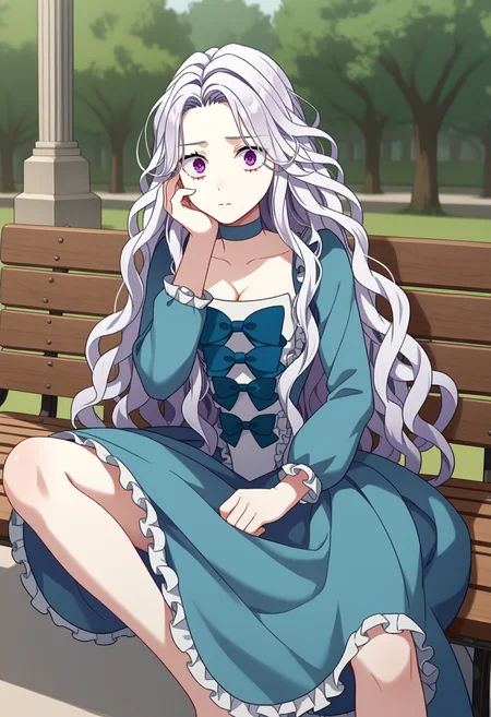 score_9, score_8_up, score_7_up, source_anime,
BREAK
1girl, solo, <lora:shiAbiMomV1:0.9>,
shiabidef, vnstyle,
white hair, purple eyes, long hair, wavy hair, very long hair,
blue dress, frilled dress, frilled sleeves, long sleeves,
blue choker, blue bow, cleavage, long dress,
looking at viewer, expressionless,
outdoors, park bench, spread legs, worried, sitting, hand on own face,
