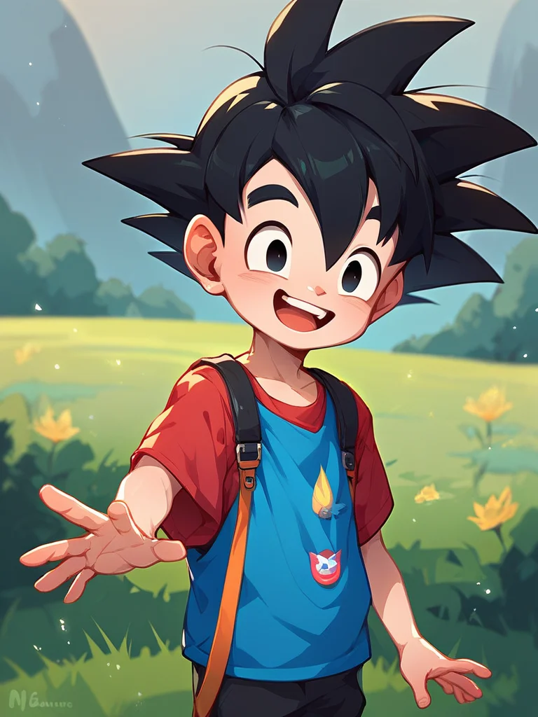 score_9, score_8_up, score_7_up, score_6_up, score_5_up, score_4_up,gotenv1, spiked hair, black hair, black eyes, smiling,happy,(young:1.6), male, expressive face, colorful,blue jumpler with logo,grass field,daytime,male,bright vivid colours,waving, <lora:GotenSDXL:0.7>