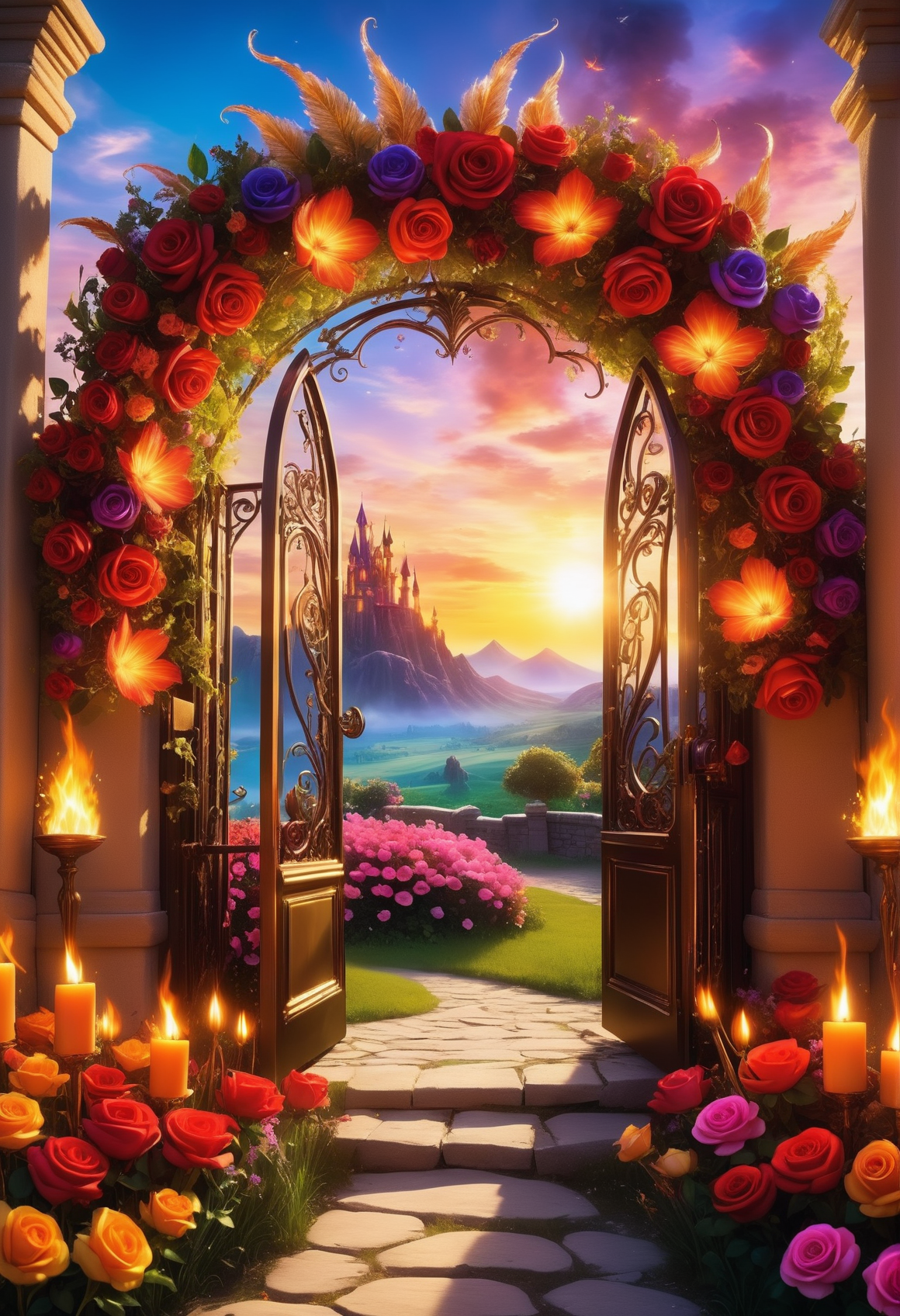 sunrise shines,landscape of a reij-ebsu gate,retro sci fi steampunk, fire <lora:ebony sunset-000001:1>, empty place, the gate surrounded by flowers is made of pam-flwr <lora:SDXL_FLOWER_STYLE:0.9>, a reij-mg outdoor room, neon light <lora:reij-moderngothic:0.8>, landscape of a Extraordinary (Emberflame Fortress of the Fire Mages:1.2) and flowery field, wallpaper, dynamic dramatic atmosphere, cinematic perfect intricate stunning fine detail, full color, extremely rich detail, luxury, rich vivid colors