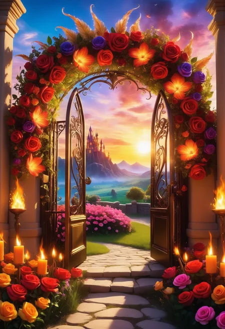sunrise shines,landscape of a reij-ebsu gate,retro sci fi steampunk, fire <lora:ebony sunset-000001:1>, empty place, the gate surrounded by flowers is made of pam-flwr <lora:SDXL_FLOWER_STYLE:0.9>, a reij-mg outdoor room, neon light <lora:reij-moderngothic:0.8>, landscape of a Extraordinary (Emberflame Fortress of the Fire Mages:1.2) and flowery field, wallpaper, dynamic dramatic atmosphere, cinematic perfect intricate stunning fine detail, full color, extremely rich detail, luxury, rich vivid colors