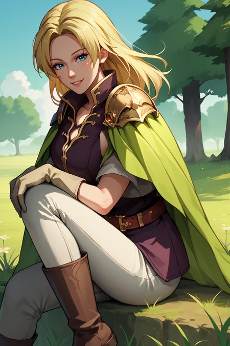score_9, score_8_up, score_7_up, score_6_up, source_anime BREAK 1girl, solo, <lora:fe8selena-pdxl-nvwls-v1-000005:1> feSelena, blonde hair, long hair, brown tunic, green cape, white gloves, shoulder armor, belt, white pants, brown boots, sitting, from side, holding own knees, looking at you, smile, big breasts, tree, field