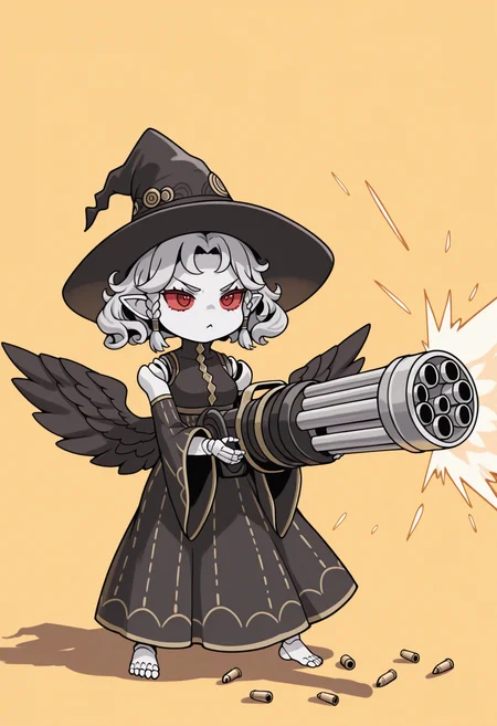 masterpiece, best quality, 1girl, solo, standing, full body, chibi, meme, legs apart, :< , two-handed, gatling gun, v-shaped eyebrows, <lora:AgratSMT-illu:1> agrat, grey hair, short hair, curly hair, twin braids, witch hat, black headwear, grey skin, red eyes, red sclera, pointy ears, black dress, sleeveless turtleneck, clothing cutout, doll joints, detached sleeves, wide sleeves, long dress, barefoot, yellow background, firing, shell casing, (huge weapon:0.9), black wings