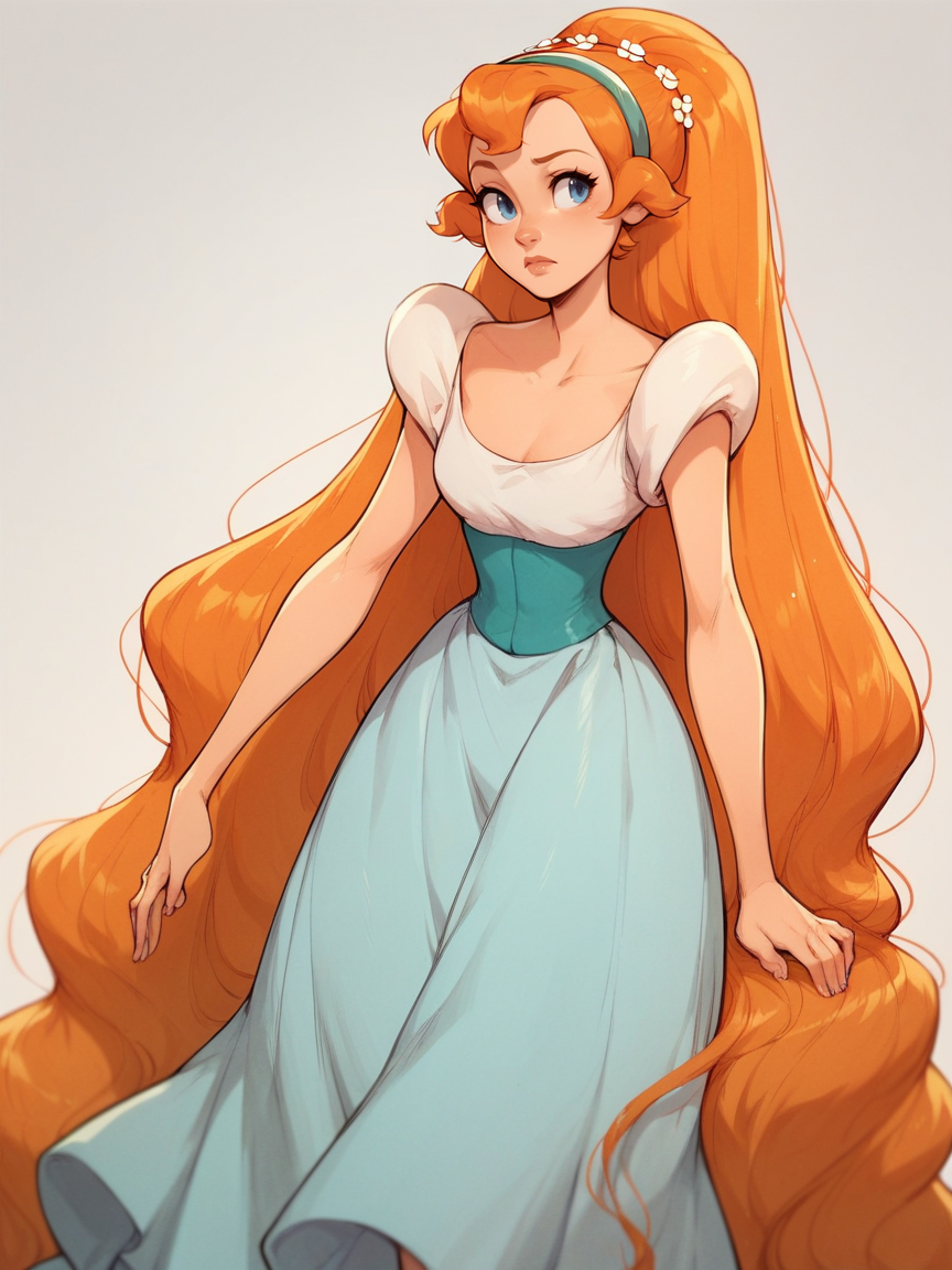 score_9, score_8_up, score_7_up, score_6_up, score_5_up,   <lora:ThumbelinaXLP:1> thumbelina, 1girl, solo, dress, hairband, blue eyes, very long hair, orange hair