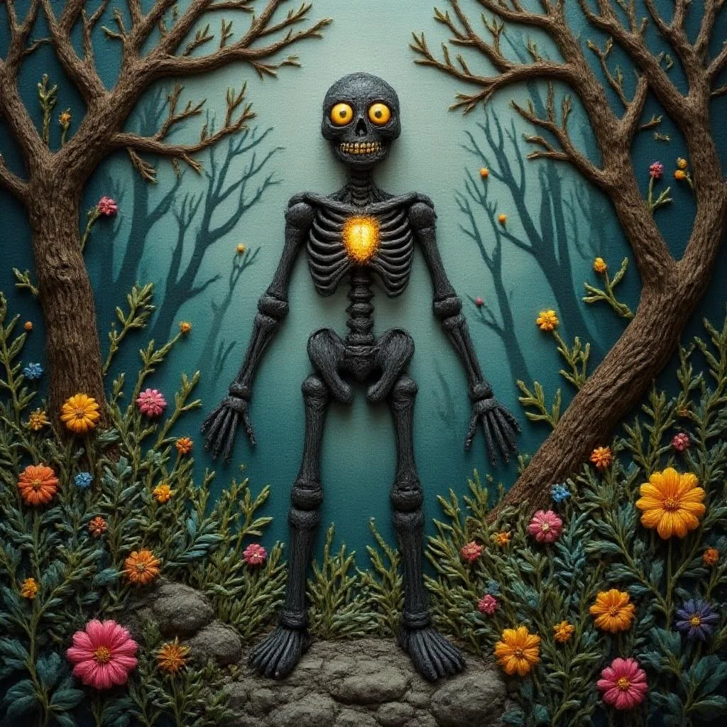 <lora:YarneyYarnYarnv2.safetensors:1>
In the heart of a primordial forest, a biomechanical humanoid figure stands ominously on a misty, rocky path. The figure, approximately 7 feet tall, exudes a sense of ancient menace. Its skeletal structure is a blend of sinewy, bark-like textures and metallic, dark armored plating, intricately decorated with nature-inspired designs that seem to merge the organic with the mechanical. The creature’s body is a mosaic of gnarled, moss-covered surfaces and smooth, glowing, translucent materials, creating a tactile contrast that is both unsettling and mesmerizing.
The forest around the figure is a surreal, unsettling environment. The rocky path is shrouded in a thick, swirling mist, enveloping everything in a ghostly, ethereal glow. Twisted, leafless trees rise from the ground, their branches reaching out like bony fingers, casting long, diffused shadows. The only source of light comes from the creature’s glowing yellow eyes, which pierce through the darkness with an eerie intensity, and a glowing, heart-like light on its chest that pulses rhythmically, casting a soft, golden hue on the surrounding area.
The color palette is predominantly earthy green, with vivid highlights of gold and yellow emanating from the creature’s glowing points. The lighting creates a cinematic play of light and dark, with strong, soft glows contrasting with the deep, diffused shadows of the forest. The atmosphere is one of ominous wonderment, a place where magic and danger coexist in a flawless dance of the fantastical grotesque.
