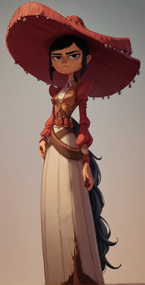 score_9,score_8_up,score_7_up,score_6_up, solo, 1girl, hat, black hair, looking at viewer, unamused, nose, <lora:Adelita_Sánchez_Pony_XL_Book_of_Life:1>
