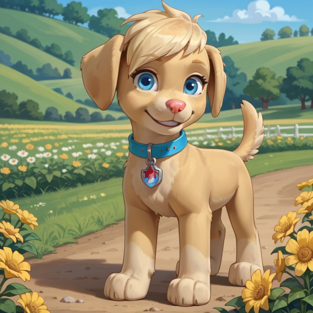 score_9, score_8_up, score_7_up, score_6_up, source_cartoon, Ella(PP), solo, 1girl, feral, dog, golden retriever, yellow fur, yellow hair, fluffy tail, blue eyes, pink nose, blue collar, red and blue tag, full body, looking at viewer, standing, smile, outdoors, flower field background,