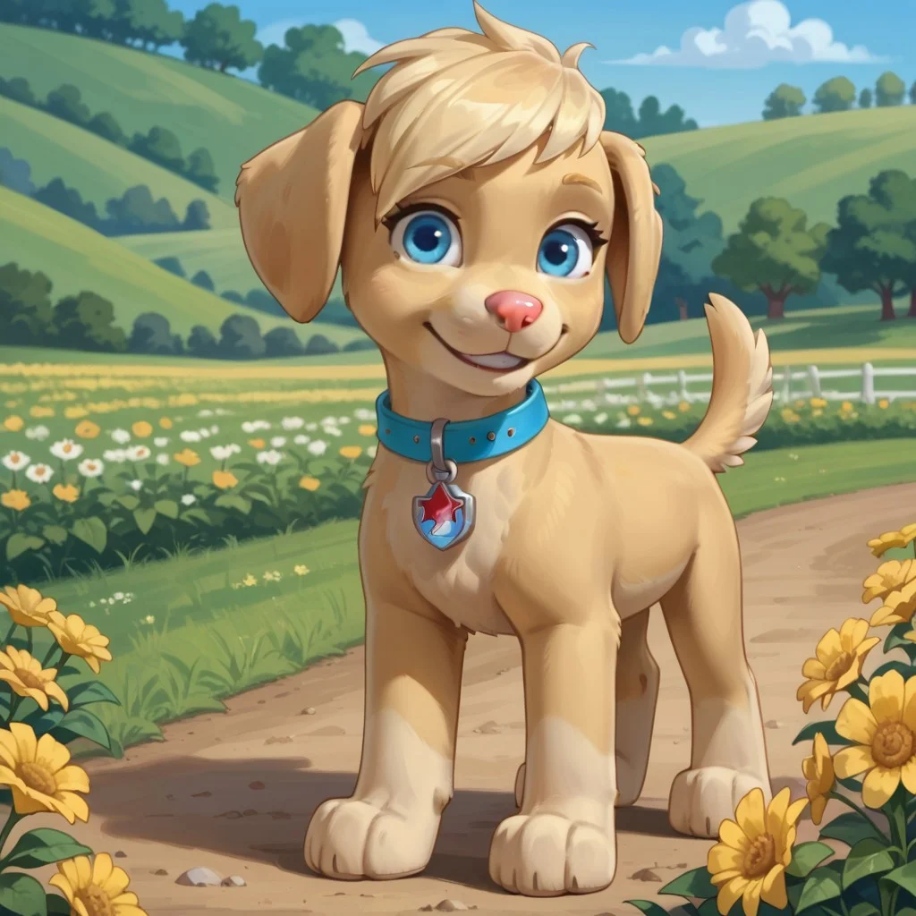 score_9, score_8_up, score_7_up, score_6_up, source_cartoon, Ella(PP), solo, 1girl, feral, dog, golden retriever, yellow fur, yellow hair, fluffy tail, blue eyes, pink nose, blue collar, red and blue tag, full body, looking at viewer, standing, smile, outdoors, flower field background,