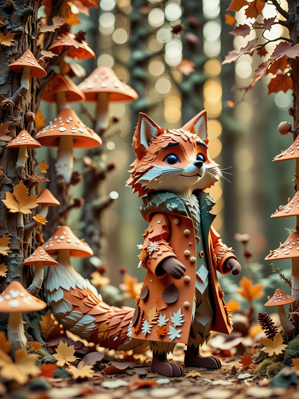 Papercraft mode, textured foliage, warm palette, era 2020s seasonal art, rustic attire, solo, woodland charm style, Rating SFW, a curious fox with a patterned coat explores an autumn forest full of falling leaves and mushrooms, ¬cut paper adds depth and softness to the warm landscape, golden hour filter.
<lora:dmd2_sdxl_4step_lora_fp16:1.0> , <lora:Expressive_H:1>, Depth of field, <lora:dark:0.1>, dutch angle,  <lora:aidmaFLuxPro1.1_v0.3_IL:1>,  aidmafluxpro1.1<lora:aidmaMJ6.1_v0.5_IL:1>, aidmaMJ6.1,