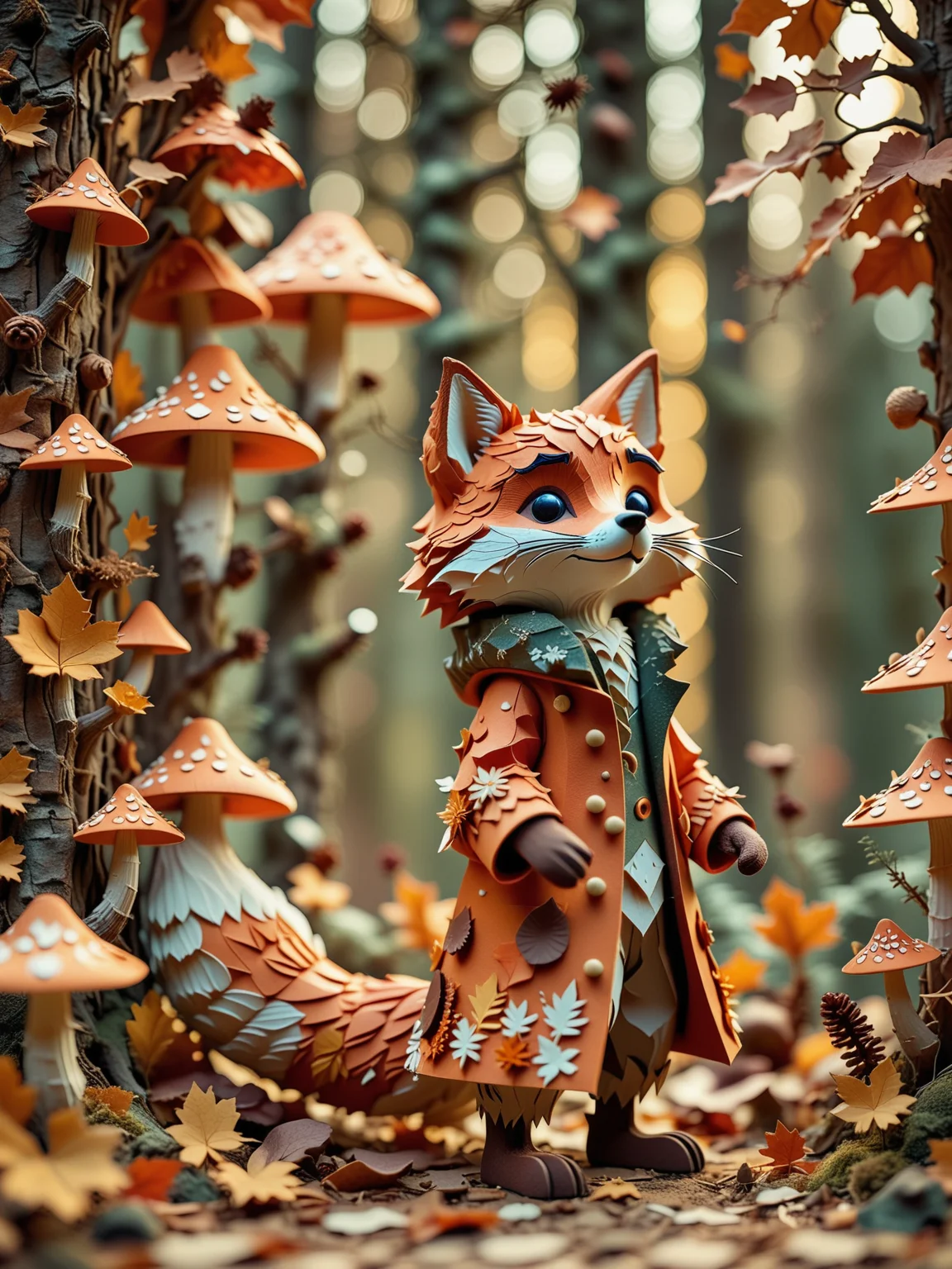 Papercraft mode, textured foliage, warm palette, era 2020s seasonal art, rustic attire, solo, woodland charm style, Rating SFW, a curious fox with a patterned coat explores an autumn forest full of falling leaves and mushrooms, ¬cut paper adds depth and softness to the warm landscape, golden hour filter.
<lora:dmd2_sdxl_4step_lora_fp16:1.0> , <lora:Expressive_H:1>, Depth of field, <lora:dark:0.1>, dutch angle, <lora:aidmaFLuxPro1.1_v0.3_IL:1>, aidmafluxpro1.1<lora:aidmaMJ6.1_v0.5_IL:1>, aidmaMJ6.1,