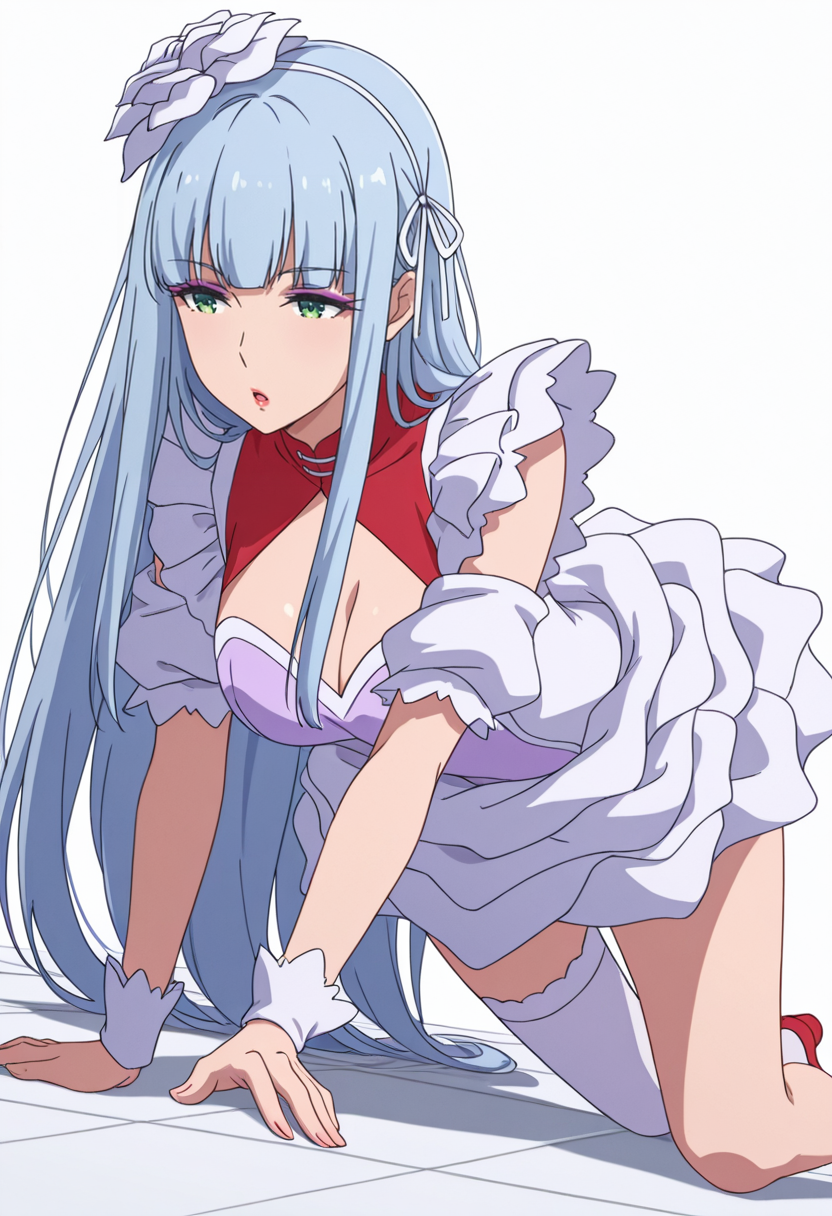 Smooth Quality,masterpiece,very intricate, high quality details, ultra realistic, high detailed skin,detailed enviorement,absurdres,
 <lora:Manami_Supernova_CNR:0.8> manami_cnr, 1girl,blue hair, long hair, blunt bangs, green eyes, makeup, lipstick,white flower,hair flower, hair ornament,dress, white dress,  leotard, skirt,maid headdress, short sleeves, puffy sleeves, single thighhigh, red shoes,white ribbon,clothing cutout, cleavage cutout,, simple background, white background, dutch angle,solo,
lying on side, top leg bent forward, arm stretched along floor  ,, :o,