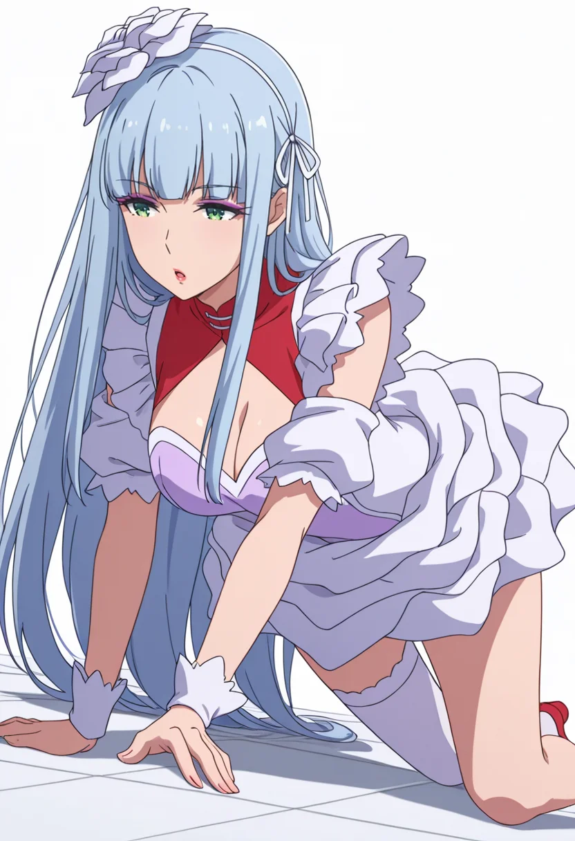 Smooth Quality,masterpiece,very intricate, high quality details, ultra realistic, high detailed skin,detailed enviorement,absurdres,
 <lora:Manami_Supernova_CNR:0.8> manami_cnr, 1girl,blue hair, long hair, blunt bangs, green eyes, makeup, lipstick,white flower,hair flower, hair ornament,dress, white dress,  leotard, skirt,maid headdress, short sleeves, puffy sleeves, single thighhigh, red shoes,white ribbon,clothing cutout, cleavage cutout,, simple background, white background, dutch angle,solo,
lying on side, top leg bent forward, arm stretched along floor  ,, :o,