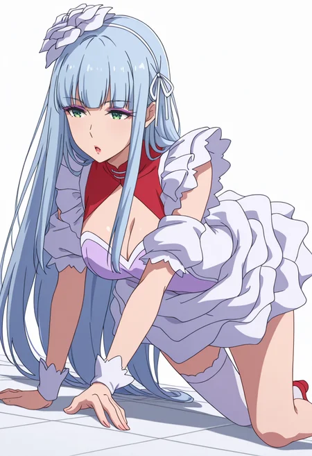Smooth Quality,masterpiece,very intricate, high quality details, ultra realistic, high detailed skin,detailed enviorement,absurdres,
<lora:Manami_Supernova_CNR:0.8> manami_cnr, 1girl,blue hair, long hair, blunt bangs, green eyes, makeup, lipstick,white flower,hair flower, hair ornament,dress, white dress, leotard, skirt,maid headdress, short sleeves, puffy sleeves, single thighhigh, red shoes,white ribbon,clothing cutout, cleavage cutout,, simple background, white background, dutch angle,solo,
lying on side, top leg bent forward, arm stretched along floor ,, :o,