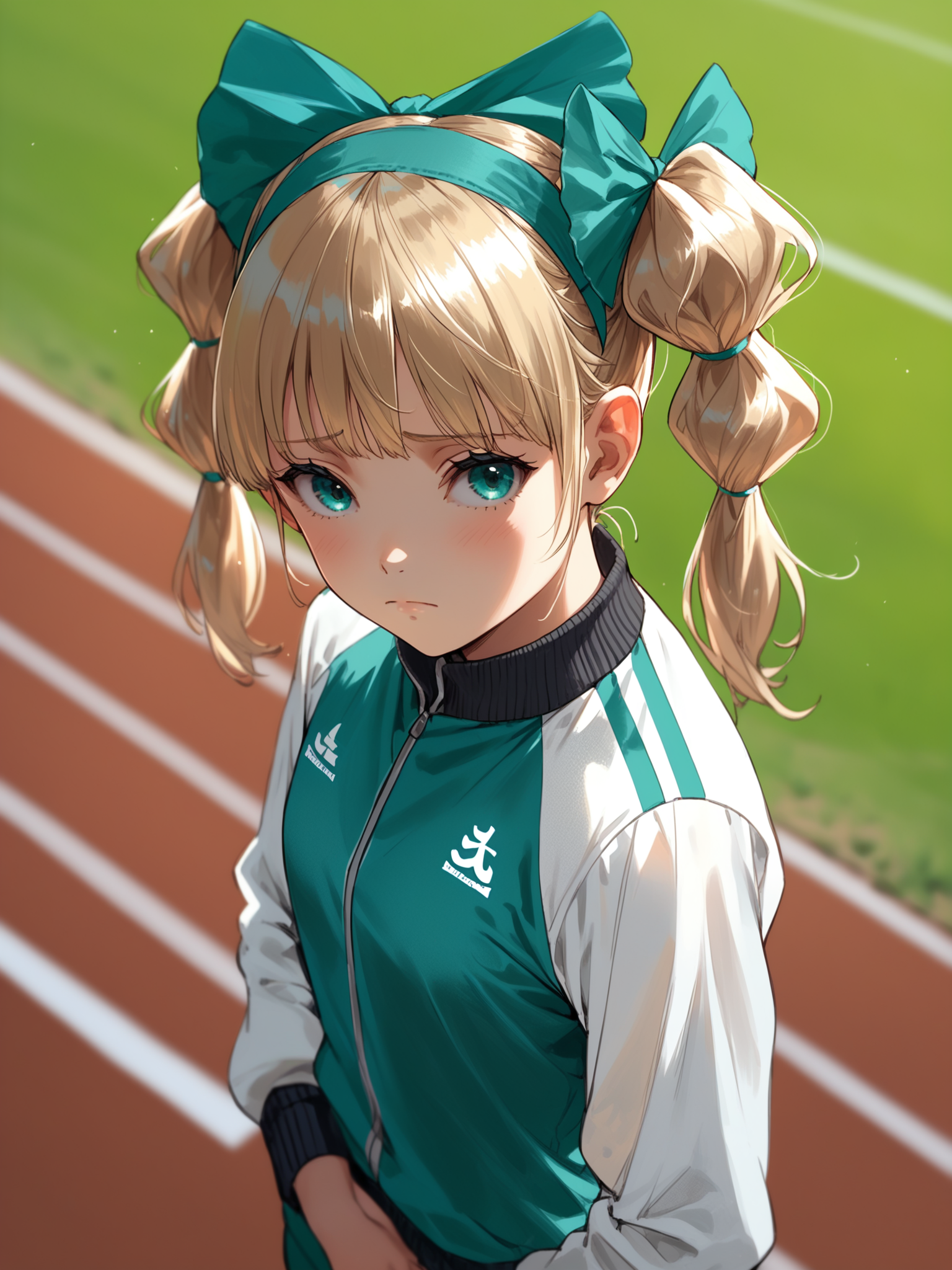 <lora:happy_tentacle-ibaramegumu-v0.1-000010:1>, ht_ibaramegumu, hair bow, , blonde hair, aqua eyes , sad, outdoors, track uniform, track and field, headband cowboy shot, 1girl, (petite:1.2), solo focus, (looking at viewer:1.1), sidelighting, (depth of field:0.8), from above, [(realistic, photorealistic:1.2):(realistic:1.3):22], [(3d:1.2)::10], <lora:LUUNA's Lunas-NijiJourney-SDXL-B2:0.6>, nijijourney, <lora:prgfrg23's Counterfeit-V3.0 Style SDXL_LoRA_Pony Diffusion V6 XL:0.3> <lora:Shed_The_Skin's StS_age_slider_v1_initial_release:-1>, score_9, score_8_up, score_7_up, score_6_up, score_5_up, score_4_up