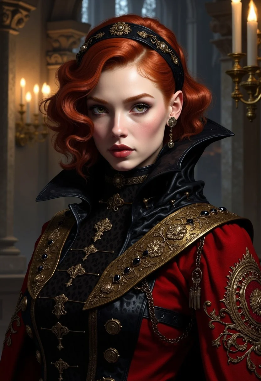 A tightly framed, highly detailed portrait of a gothic aristocratic commander, steeped in old-world nobility and battlefield command. Her expression is sharp, elegant, and unyielding—eyes rimmed with dark kohl, lips pale and poised. Her reddish-brown hair is styled in a sculpted retro bob, swept back with a black velvet headband adorned with gold filigree and tiny jet gemstones. She wears a high-collared coat of deep crimson wool with structured black leather paneling, wrapped across her torso and secured with oversized brass clasps shaped like gothic fleur-de-lis. The collar flares like armor, lined with brocade and pinned with a blood-red enamel crest. A sigil-stitched armband gleams at her shoulder, thread glinting like gold wire in low candlelight. The textures of velvet, aged leather, and heavy wool are rendered with opulent realism. The softly blurred background suggests towering cathedral arches or shadowed stone chambers, lit by wrought-iron candelabras and veiled in mist. Emphasis on noble presence, gothic opulence, and dark military elegance.