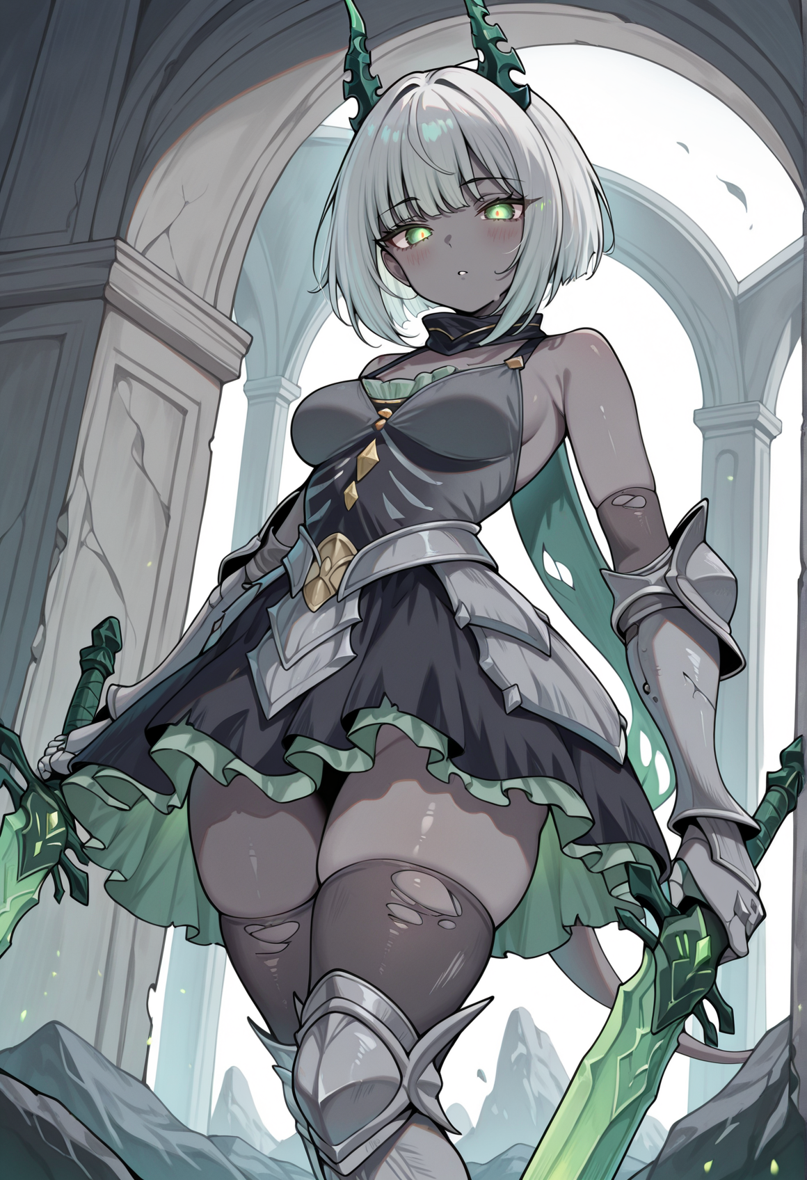 1girl, horns, colored skin, grey skin, short hair, white hair, green eyes, horns, short dress, sleeveless, gauntlets, greaves, torn thighhighs, holding sword, dual wielding, glowing eyes <lora:Silvina_AFK:1> medium breasts, masterpiece, best quality, amazing quality, very aesthetic, absurdres, highres, newest