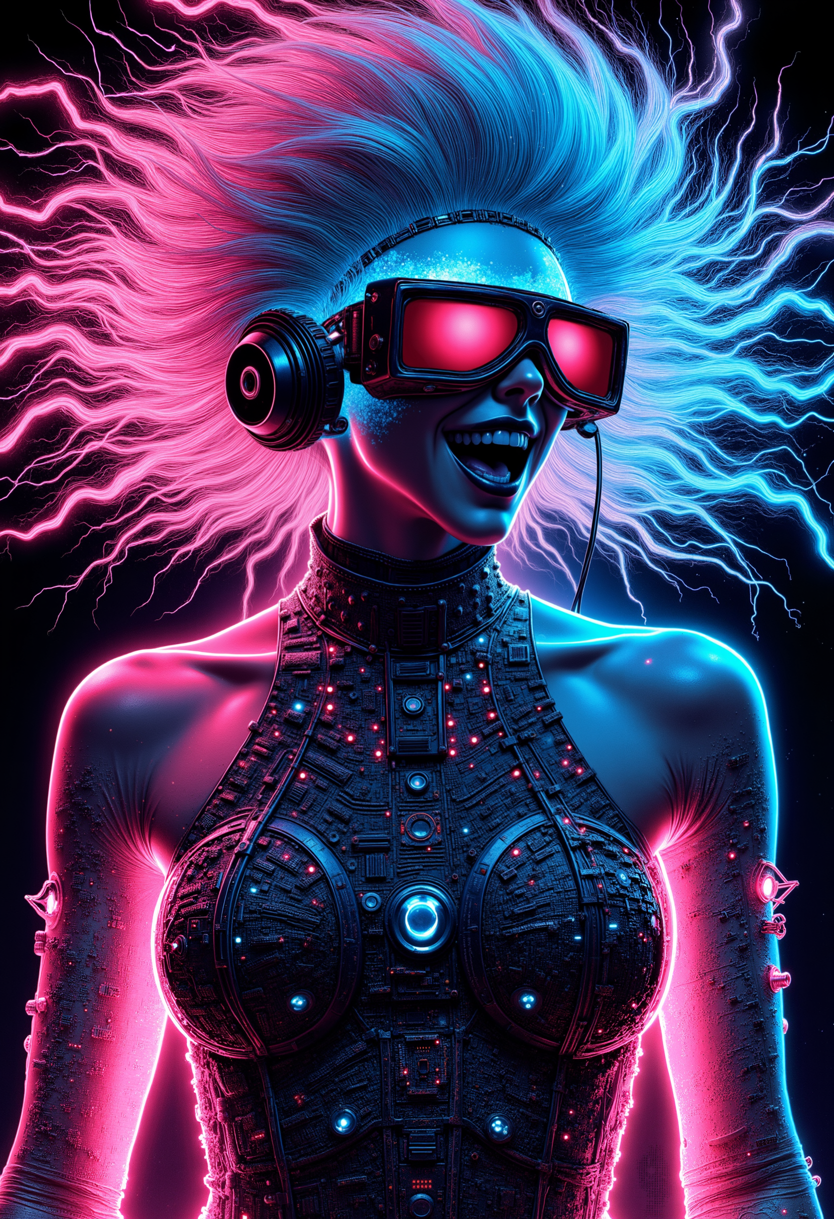 An illustration featuring a cyberpunk girl clad in sleek, metallic attire embedded with glowing neon circuits, her eyes concealed by high-tech goggles, and her vibrant, synthetic hair cascading like an electric stream, capturing the essence of a futuristic rebellion amidst the digital chaos.