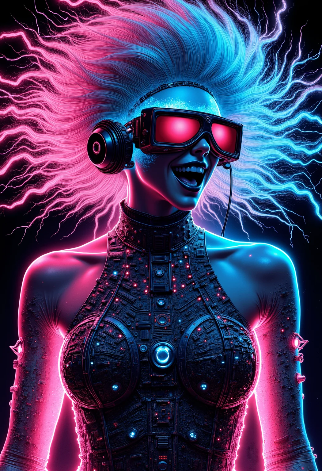 An illustration featuring a cyberpunk girl clad in sleek, metallic attire embedded with glowing neon circuits, her eyes concealed by high-tech goggles, and her vibrant, synthetic hair cascading like an electric stream, capturing the essence of a futuristic rebellion amidst the digital chaos.