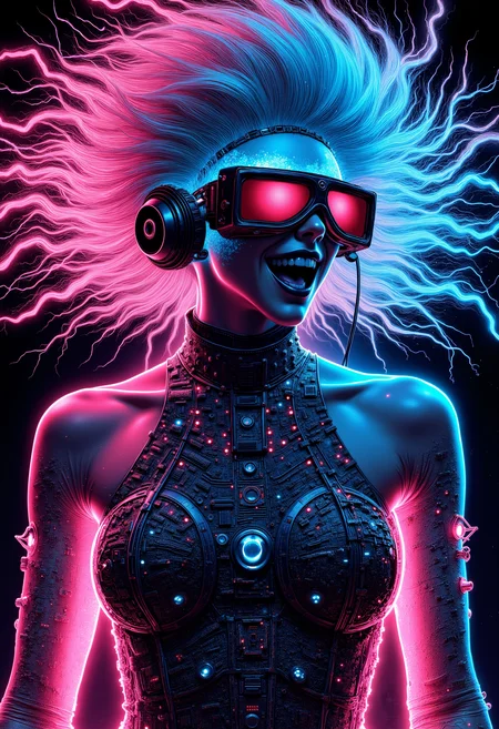 An illustration featuring a cyberpunk girl clad in sleek, metallic attire embedded with glowing neon circuits, her eyes concealed by high-tech goggles, and her vibrant, synthetic hair cascading like an electric stream, capturing the essence of a futuristic rebellion amidst the digital chaos.