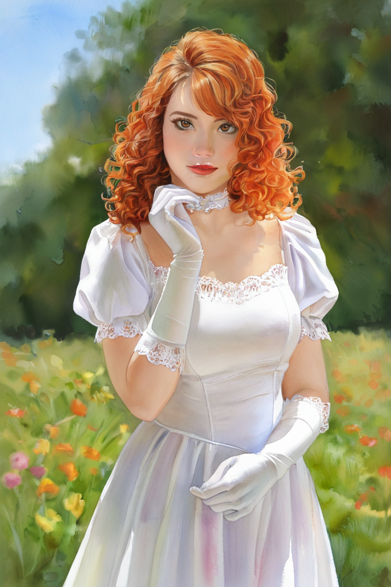 masterpiece, best quality, highres, newest, watercolor \(medium\), traditional media, realistic, 1girl, solo, medium hair, curly hair, wavy hair, orange hair, swept bangs, brown eyes, lips, lipstick, looking at viewer, medium breasts, choker, medium dress, white dress, lace trim, puffy sleeves, puffy short sleeves, short sleeves, gloves, elbow gloves, white gloves, hand up, cowboy shot, closed mouth, standing, outdoors, field, flower, grass, plant, sky <lora:Watercolor Realistic [LoRA] - NoobAI-XL EPS 1.0:0.8>