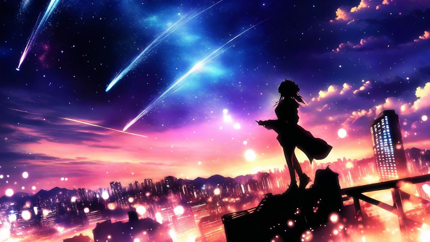 sky, star (sky),scenery,moon,starry sky,shooting star,no humans,outdoors,building,night,city,cityscape,sunset,1girl, from side, (silhouette), harada miyuki style, masterpiece, best quality, <lora:harada_miyuki_style:1>