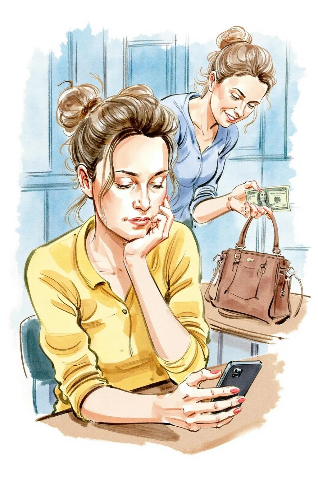 watercolor illustration.
Two women are in an indoor setting. The woman in the foreground is sitting and looking at a smartphone with a contemplative expression. Her hair is styled in a messy bun with loose strands framing her face. She is wearing a yellow shirt with long sleeves. The woman behind her lifting a dollar bill off a purse sitting on the table. <lora:watercolor.comic1_cap_d6a3:1.0><lora:830620570518299243:0>