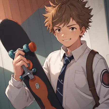 score_9,score_8_up, <lora:OtherStyle_01:0.6>,<lora:Hinata_Minoru-000011:0.8>,hinata minoru,brown hair,brown eyes,tie,costume,male focus,solo,twink, smirk,skatepark