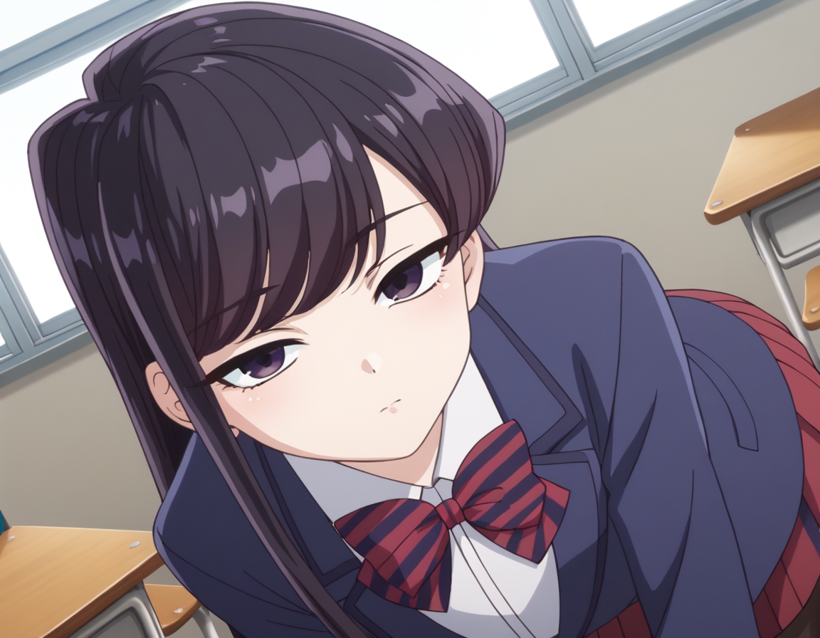 score_9, score_8_up, score_7_up, source_anime,
shoukokomi, <lora:shouko-komi-s1s2-ponyxl-lora-nochekaiser:1>,
shouko komi, long hair, bangs, black hair, black eyes, half-closed eyes,
skirt, shirt, long sleeves, bow, school uniform, jacket, white shirt, pantyhose, pleated skirt, striped, collared shirt, bowtie, red skirt, blazer, blue jacket, striped bow, striped bowtie,
indoors, classroom, bent over,
looking at viewer, cowboy shot, dutch angle, solo,