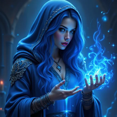 Cinematic style, Realism, Film still, High quality, A mystical and Elizabeth 2.0 as a powerful sorceress with flowing blue hair, dressed in an ornate blue hooded cloak. She is casting a spell, her hands glowing with blue magical energy. Her intense, captivating eyes are focused on the spell, and her cheeks are flushed with concentration. The background is ethereal and filled with swirling magic, adding to the otherworldly atmosphere. The intricate details of her clothing and the shimmering magical effects create a sense of fantasy and enchantment.