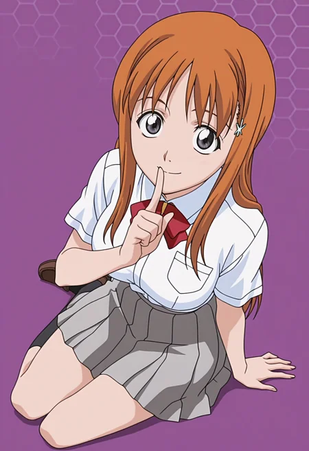 masterpiece, best quality, amazing quality, anime screencap, anime coloring, 1girl, solo, <lora:DX888Orihime:1> inoue orihime, grey eyes, orange hair, long hair,
hairclip, school uniform, white shirt, grey skirt, red bow, BREAK purple background, honeycomb background, (simple background:1.2) BREAK (dynamic pose:1.2), smile, blsuh, shushing, yokozuwari, from above,