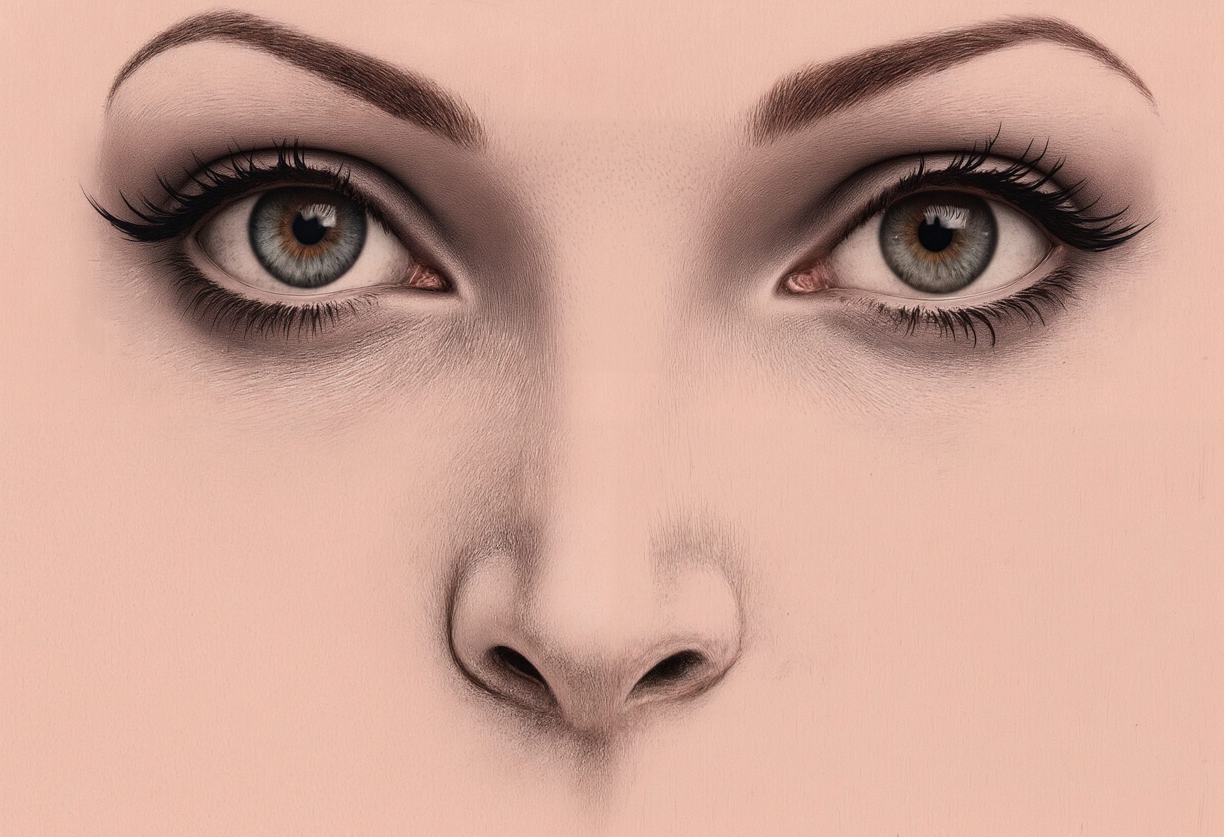 A Dark and moody snapshot A minimalistic drawing in which there is a certain mystery, the essence of clear and fundamental lines expressing the beauty and mystery of a woman, an extraordinarily beautiful woman, an ideal face, perfect eyes, charming, magnificent, gentle, romantic, super-long eyelashes, lines made with a thin pen, only some shades of pale pink pastel color, inclusions golden ink, light, strict lines, simplicity but sophistication, eyes should be clearly outlined and focused, only shadows are needed to create volume, peach background, digital painting, 3D, 4K, alluring, very cute
