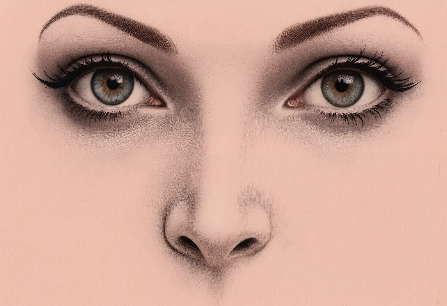 A Dark and moody snapshot A minimalistic drawing in which there is a certain mystery, the essence of clear and fundamental lines expressing the beauty and mystery of a woman, an extraordinarily beautiful woman, an ideal face, perfect eyes, charming, magnificent, gentle, romantic, super-long eyelashes, lines made with a thin pen, only some shades of pale pink pastel color, inclusions golden ink, light, strict lines, simplicity but sophistication, eyes should be clearly outlined and focused, only shadows are needed to create volume, peach background, digital painting, 3D, 4K, alluring, very cute