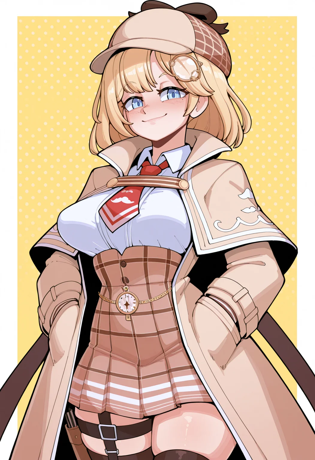 very aesthetic, masterpiece, best quality, newest, absurdres, highres, 
nudiedoodles, 1girl, solo, (watson amelia, blonde, blue eyes), [hololive], perky breasts,
watson amelia \(1st costume\), deerstalker, white shirt, collared shirt, red necktie, brown capelet, brown coat, high-waist skirt, pleated skirt, brown skirt, thigh strap, black thighhighs, loafers, 
smile, looking at viewer, hands in pockets, three quarter view, upper body, three-quarter portrait, 
(simple background, yellow background, white background, polka dot background, multicolored background),  Rating:General,
 <lora:Nudiedoodles-000009:1>