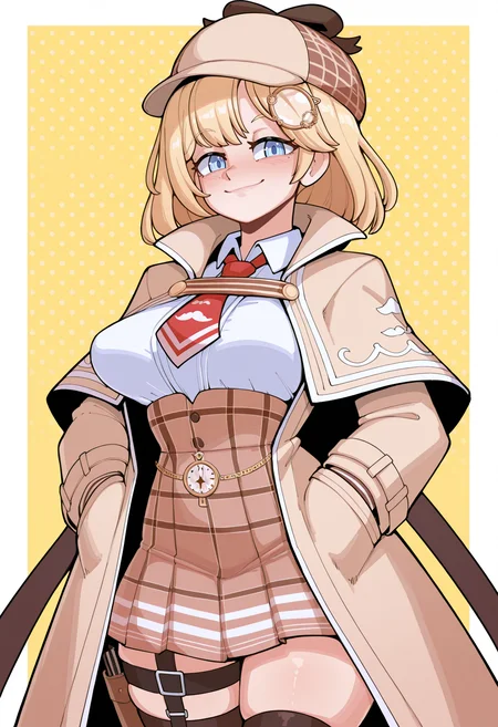 very aesthetic, masterpiece, best quality, newest, absurdres, highres, 
nudiedoodles, 1girl, solo, (watson amelia, blonde, blue eyes), [hololive], perky breasts,
watson amelia \(1st costume\), deerstalker, white shirt, collared shirt, red necktie, brown capelet, brown coat, high-waist skirt, pleated skirt, brown skirt, thigh strap, black thighhighs, loafers, 
smile, looking at viewer, hands in pockets, three quarter view, upper body, three-quarter portrait, 
(simple background, yellow background, white background, polka dot background, multicolored background),  Rating:General,
 <lora:Nudiedoodles-000009:1>