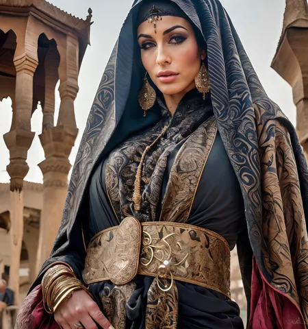 RAW photo, (masterpiece:1.3), subsurface scattering, heavy shadow, (high quality:1.4), (intricate, high detail:1.2), professional photography, HDR, High Dynamic Range, realistic, ultra realistic, photorealistic, high resolution, film photography, ambient lighting, atmospheric effects, <lora:detail_slider_v4:2>, OverallDetail, Jewels, <lora:Jewels-10:1>, earrings, upper body shot, as an arabian merchant, wearing simple black arabian robes, veil, belt, ArAr, <lora:ArabianArmor-10:0.7>, in a street with arabian houses, arto, <lora:ArabianTown-10:0.8>, ((perfect hands)), epiCPhoto