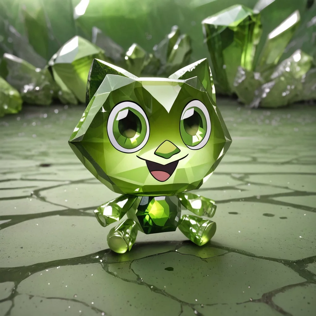 green gemstone, crystal, gem, shiny, peridot, happy frog, full body, detailed background, depth of field, subsurface scattering, ral-chrosc-clr, hud_per1d0t_wrld, green gemstone, crystal, gem, shiny