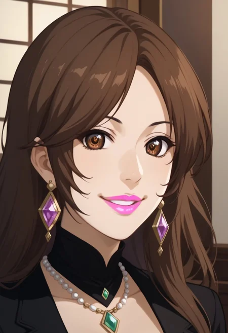 score_9, score_8_up, score_7_up, Expressiveh, detailed face, perfect face, detailed eyes, (pink lipstick:1.5)
tsubaki sawabe, (very long hair:1), bangs, brown hair, brown eyes, (japsale:2), jewelry, (necklace:1.5), (long earrings:1.5), (large breasts:1.5)
In a dimly lit, opulent jewelry store nestled within the heart of Tokyo, the camera focuses on a woman with cascading black dresses and a radiant smile that lights up her face. Her eyes sparkle with a captivating grin as she stands before an exquisite display of diamonds, her elegant form clad in tailored black pants and a sleek blouse, the spotlight casting a dramatic contrast between her and the glistening jewels behind her. The camera angle slightly elevated from the ground, emphasizing tsubaki's allure as she invites viewers to join her in a tantalizing exploration of luxury and fashion.
