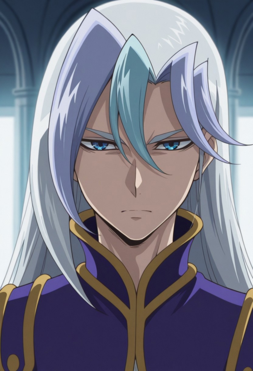 masterpiece,best quality,amazing quality, source_anime, 
chrisArclight, 1boy, male focus, solo, blue eyes, multicolored hair, grey hair, blue hair, long hair, coat, purple coat,  portrait,