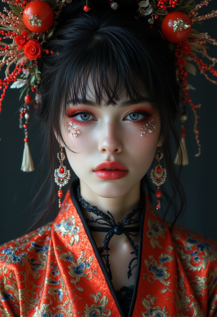 Midjourney_Whisper, Japanese woman, bangs, haute couture cheongsam, vivid colours and intricate designs, choker, intricate earrings, dark eyeshadow, red lips, portrait photograph