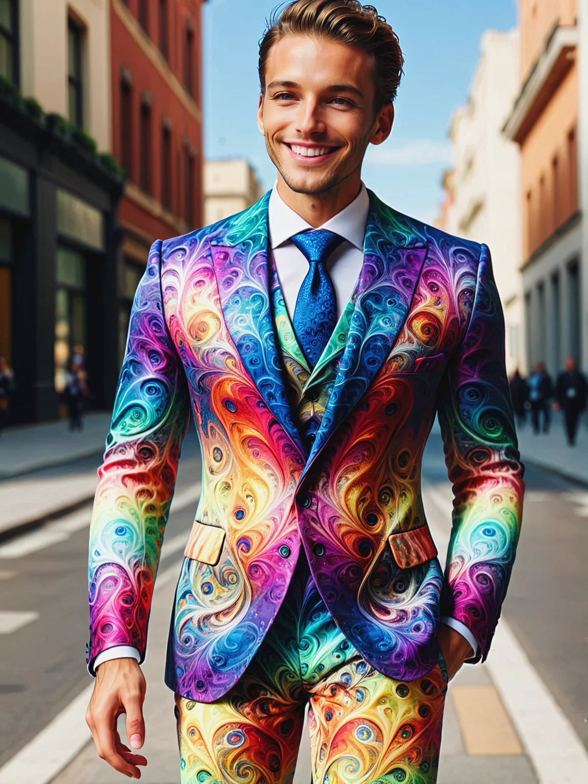 man wearing a colorful mad-frctl suit walking through a city, light smile <lora:Colorful_Fractal_SDXL:0.8>, (masterpiece:1.2), best quality