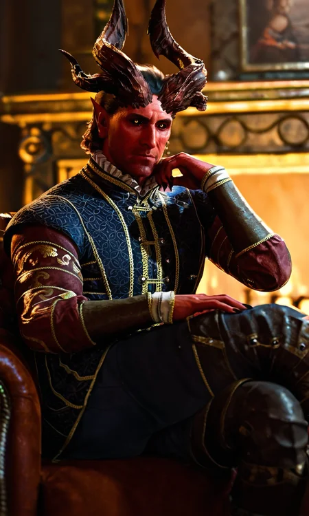 score_9, score_8_up, score_7_up, BREAK 1boy, solo, photorealistic, realistic, photo, film grain, male focus, short hair, black hair, colored sclera, black sclera, demon boy, demon horns, multiple horns, mature male, ruff (clothing), formal, frills, v-neck, BREAK dark, indoors, fantasy, fireplace, sitting, crossed legs, raphael \(bg3\), <lora:bg3_raphael-000009:0.9>
