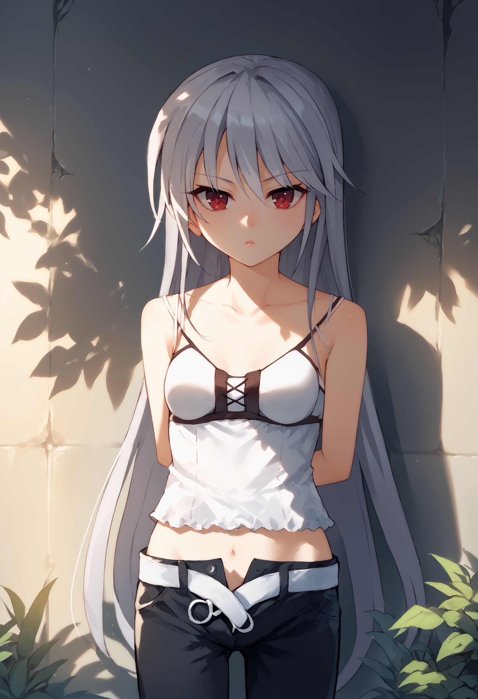 score_9, score_7_up, kzk, silver hair, long hair, red eyes, small breasts, white camisole,  white belt, open belt, open fly, looking at viewer,  outdoors, black pants,   solo, against wall, arms behind back, front view,  panty peek,       <lora:Kazuki fin 3-000009:1>  <lora:Suou Amane 3-000009:1>