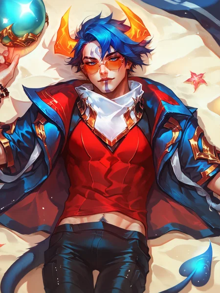 score_9, score_8_up, score_7_up,  ApheliosLB, 1man, solo, face makeup, blue eyes, short blue hair, two gold horns, white scarf, stylish jacket, red t-shirt, black pants, concept art, Lying on a sunbed on the beach, sunglasses on forehead, coctail in hand <lora:ApheliosLB:1>  <lora:Concept Art Style SDXL_LoRA_Pony Diffusion V6 XL:1>