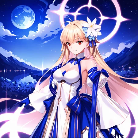 1girl, solo, (arc_3:1.1), slit pupils, breasts, blonde hair, long hair, white dress, red eyes, detached sleeves, hair ornament, cleavage, bangs, very long hair, long skirt, multicolored clothes, bare shoulders, blue skirt, blue gloves, multicolored skirt, gloves, detached collar, white hair flower, ribbons, partially glowing hair, night, moon, star (sky), halo, facing viewer, posing, smile,
score_9, score_8_up, score_7_up, masterpiece,
<lora:Archetype_Earth:0.8>
