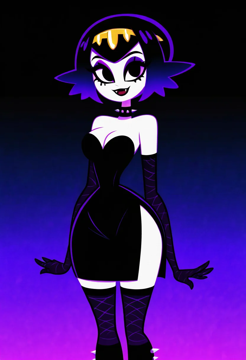 (masterpiece, best quality, good quality, very aesthetic, absurdres, newest:1.2), medium breasts, (curvy), BREAK, zzLana, yellow hairpiece, <lora:LanaPokemon_NAI:1.0>, two-tone hair, purple hair, makeup, eyeshadow, black lips, dress, black boots, knee boots, spikes, spiked collar, gothic,smile, looking at viewer, cowboy shot, <lora:VampieNAI:1.0>,