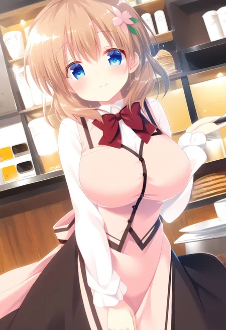 score_9, score_8_up, score_7_up, source_anime, best quality, masterpiece, BREAK,
mitsumomo style,
1girl, ctiank0k0a, (large breasts), blue eyes, light brown hair, medium hair, light brown hair, cherry-blossom hair ornaments,
barista, dress shirt, long sleeves, pink vest, black skirt, long skirt, bowtie,
smile, (strike a pose:1.3), head tilt,
angle:random,
cafe, warm light, sunlight,